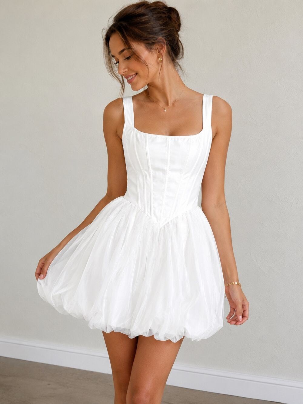 JJ’s House White Bridal Mini Dress M Corset Basque Waist Tulle Bubble Hem NWOT